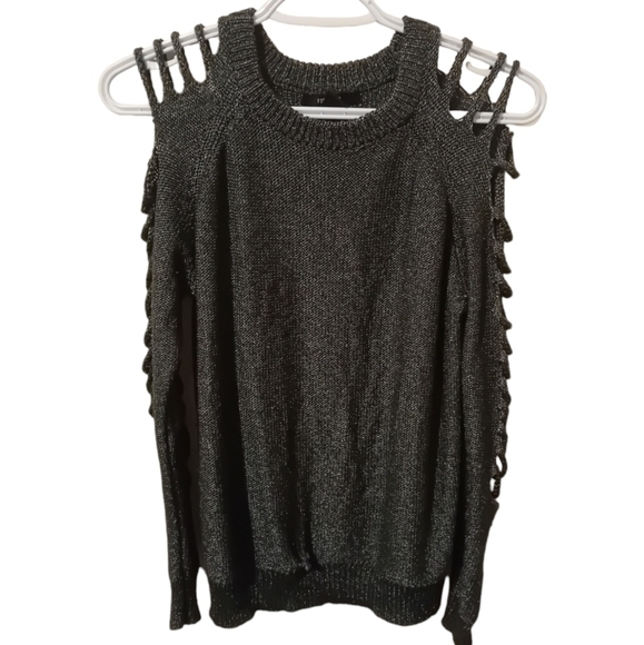 Forever 21‎ Women's Cut Out Cold Shoulder Metallic Gunmetal Sweater Top Size  S - Picture 1 of 6